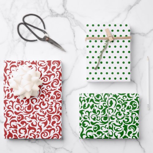 Red Green Colored Damask Polkadots On Crisp White Wrapping Paper Sheets