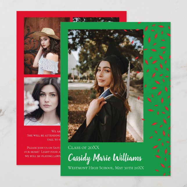 Red Green Confetti Graduation Announcement (Front/Back)
