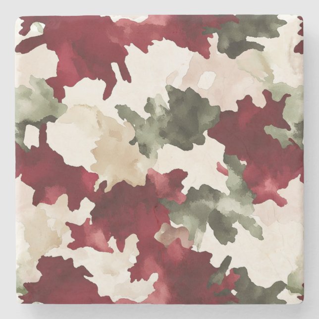 Red Green Cream Camo Stone Coaster (Front)