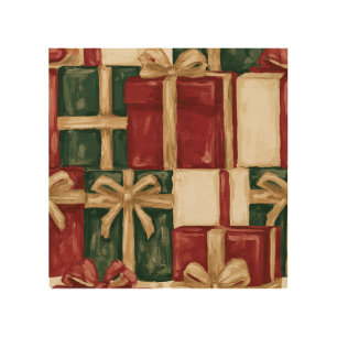 Red Green Cream Gift Gold Snowflakes Christmas Wood Wall Art