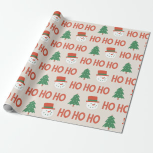 Red Green Cream Playful Modern Snowman Tree Wrapping Paper