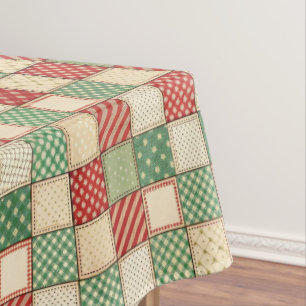 Red Green Cream Rustic Plaid Patchwork Quilt Look Tablecloth