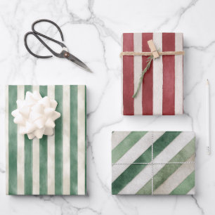 Red Green Cream Stripes Christmas Wrapping Paper Sheets