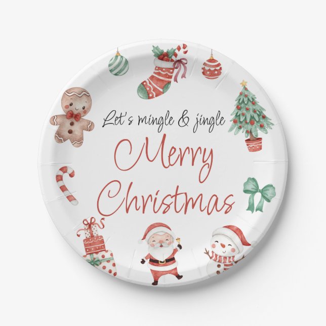 Red Green Cute Santa Christmas Party  Paper Plates (Front)
