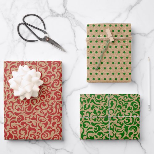 Red Green Damask Polkadots On Brown Kraft Colored Wrapping Paper Sheets