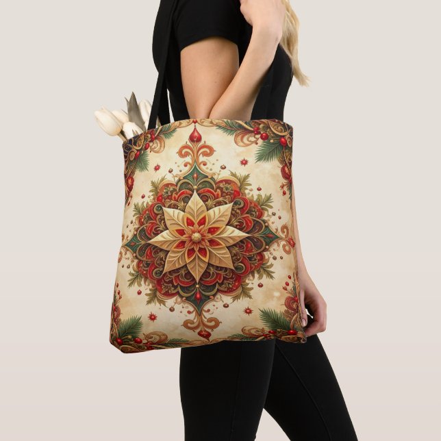Red Green Decorative Christmas Holiday Tote Bag (Close Up)
