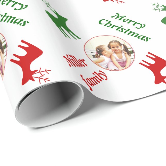 Red, green deer and name Christmas holiday photo Wrapping Paper (Roll Corner)