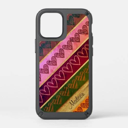 Red green diagonal grungy hearts monogram speck iPhone 12 mini case