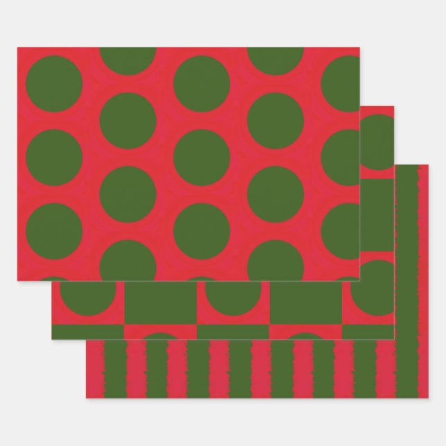 Red Green Dot Stripe Pattern Wrapping Paper Sheets (Set)
