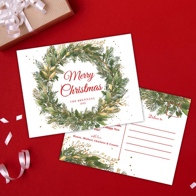Red Green Elegant Christmas Wreath Botanical Holiday Postcard (Red Green Elegant Christmas Wreath Botanical Holiday Postcard)