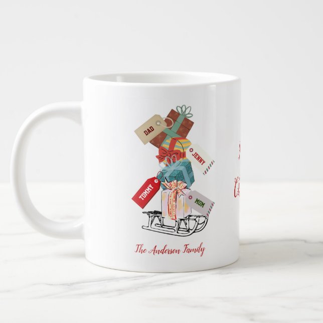 Red Green Family Winter Sleigh Modern Christmas Giant Coffee Mug (Left)