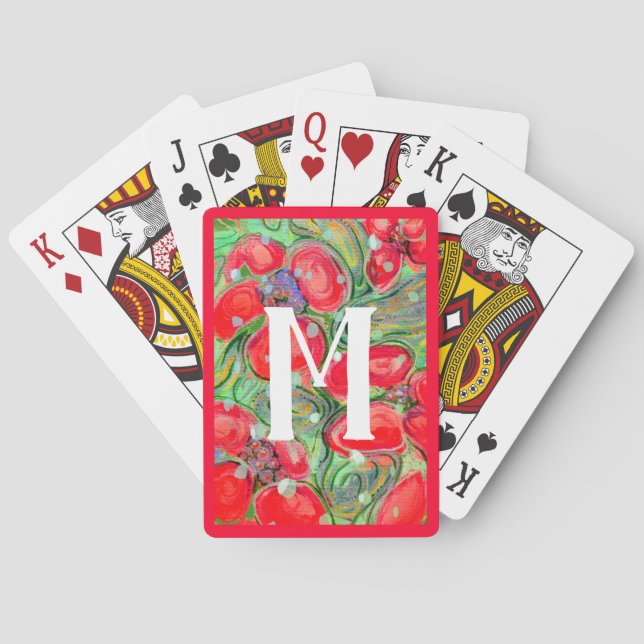 Red Green Fantasy Flowers Monogram Art Poker Cards (Back)