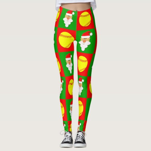 Red  Green Fastpitch Softballs  Santa Christmas Leggings