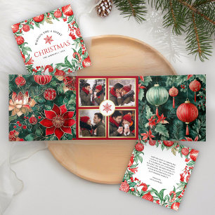 Red Green Festive Chinoiserie 4 Photo Christmas Tri-Fold Holiday Card