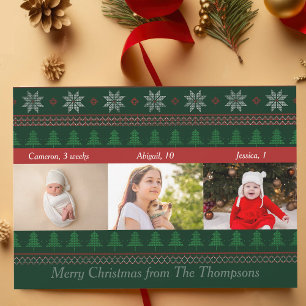 Red Green Festive Christmas Tree Nostalgic 3 Photo Holiday Card