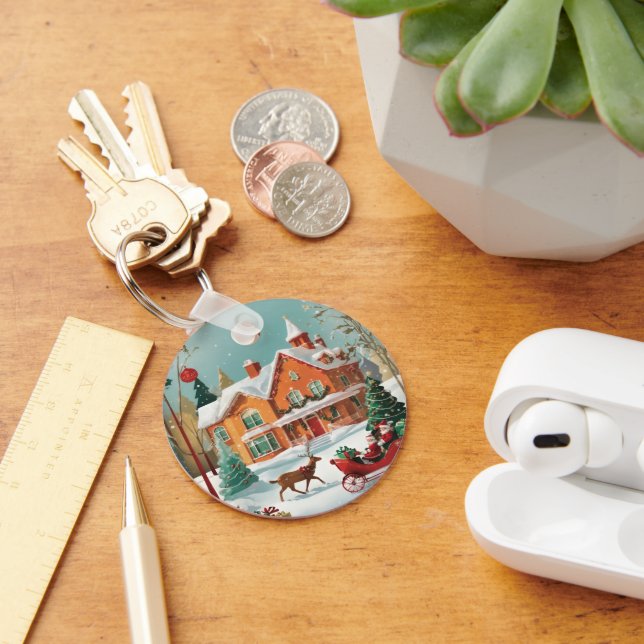 Red Green Festive Merry Christmas Metal Circle Keychain (Desk)