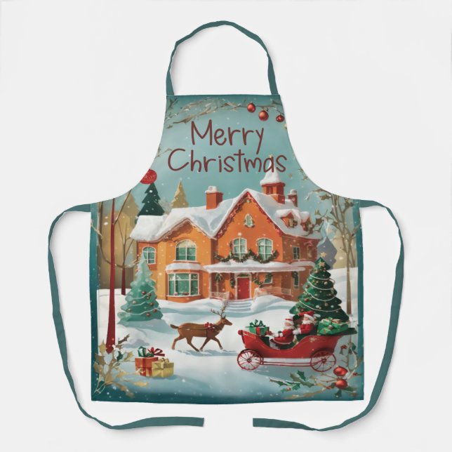 Red Green Festive Merry Christmas Vintage Apron (Front)