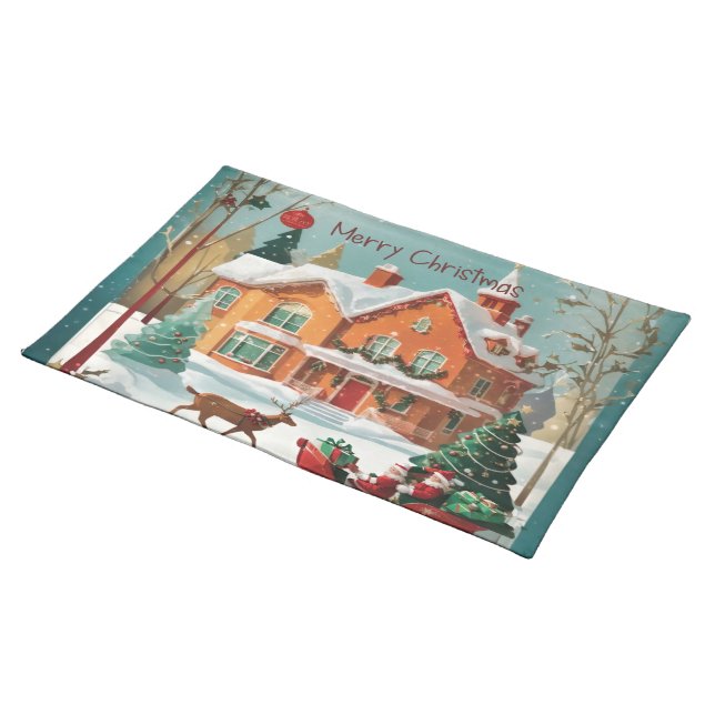 Red Green Festive Merry Christmas Vintage Cloth Placemat (On Table)