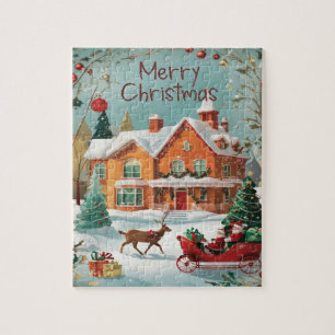Red Green Festive Merry Christmas Vintage Jigsaw Puzzle