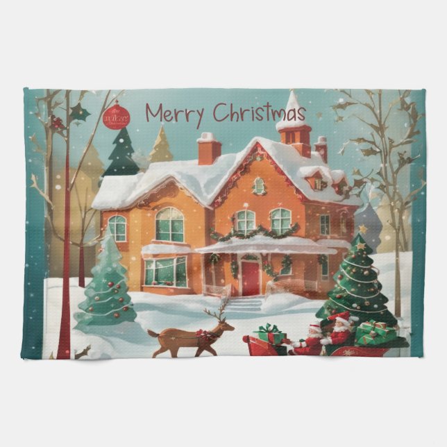 Red Green Festive Merry Christmas Vintage Kitchen Towel (Horizontal)