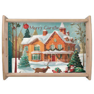 Red Green Festive Merry Christmas Vintage  Serving Tray