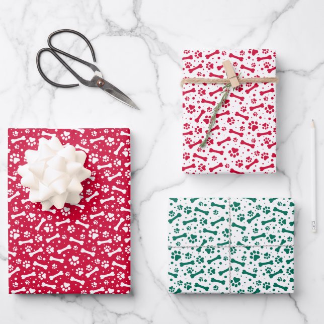 Red Green Festive Paw Print Pattern  Wrapping Paper Sheets (Front)