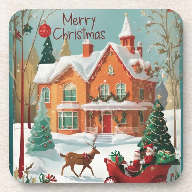 Red Green Festive Personalized Merry Christmas  Beverage Coaster (Front)