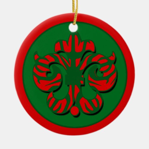 Red  Green Fleur de Lis with Tiger Stripes Ceramic Ornament