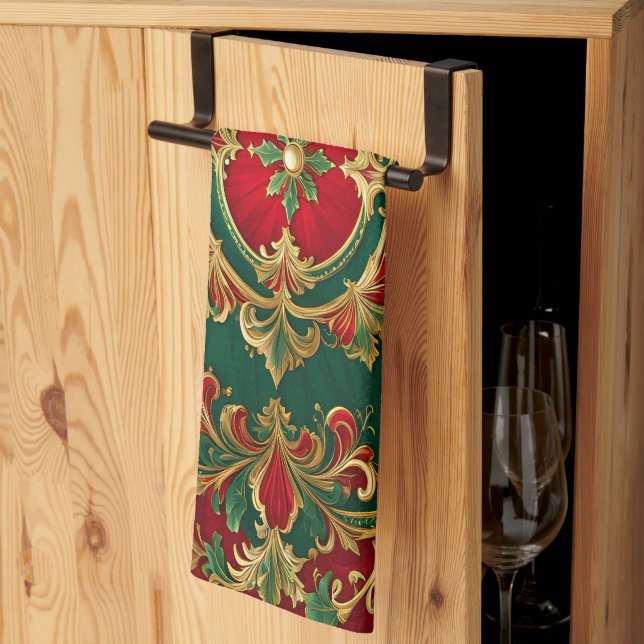 Red Green Floral Christmas Holiday Kitchen Towel (Thirds Fold)