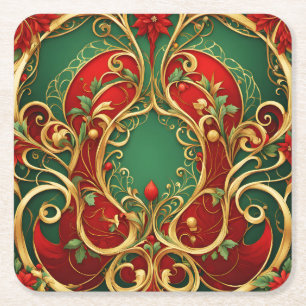 Red Green Floral Christmas Holiday Paper Coaster