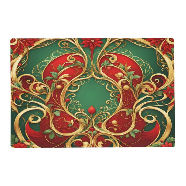 Red Green Floral Christmas Holiday Paper Placemat (Back)