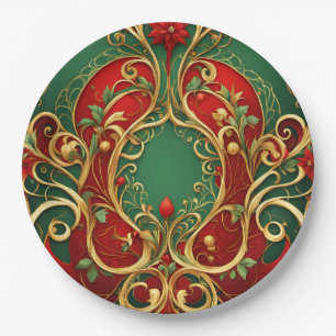 Red Green Floral Christmas Holiday Paper Plate