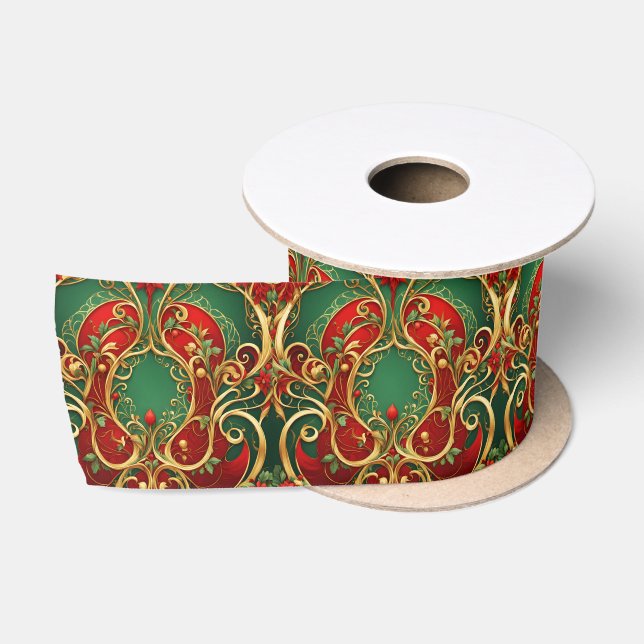 Red Green Floral Christmas Holiday Satin Ribbon (Spool)