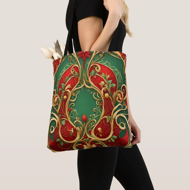 Red Green Floral Christmas Holiday Tote Bag (Close Up)