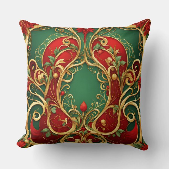 Red Green Floral Christmas Throw Pillow (Front)