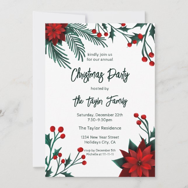 Red Green Floral Christmas Wreath Pattern Invitati Invitation (Front)