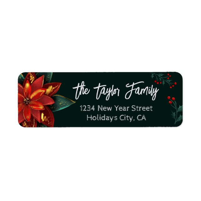 Red Green Floral Christmas Wreath poinsettia Label (Front)