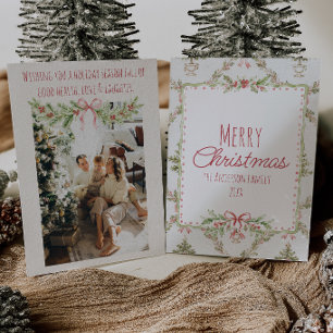 Red Green Floral Colorful Bow Frame Christmas Holiday Card