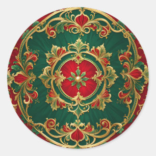 Red Green Floral Decorative Christmas Holiday Classic Round Sticker