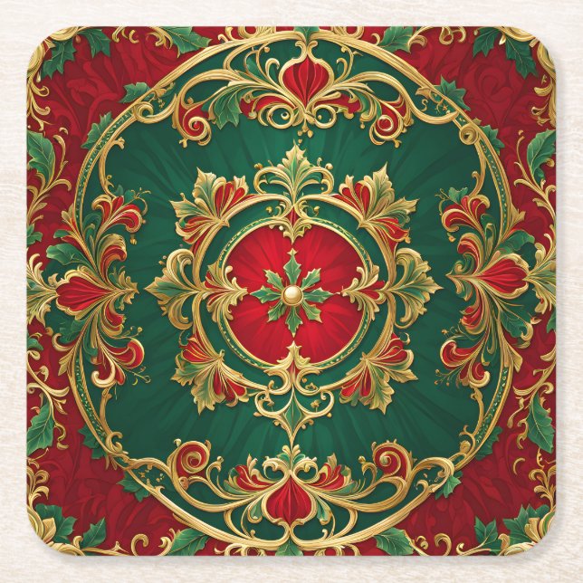 Red Green Floral Decorative Holiday Paper Coaster (Front)