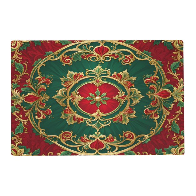Red Green Floral Decorative Holiday Paper Placemat (Back)