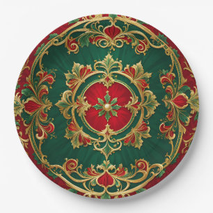 Red Green Floral Decorative Holiday Paper Plate