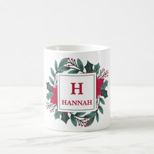 Red Green Floral Elegant Monogram Name Christmas Coffee Mug