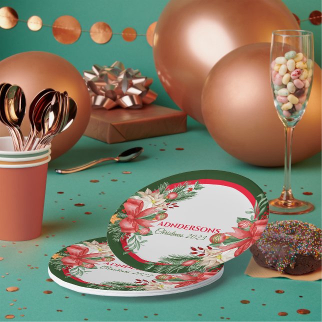 Red Green Floral Merry Christmas Party Paper Plates (Multi)