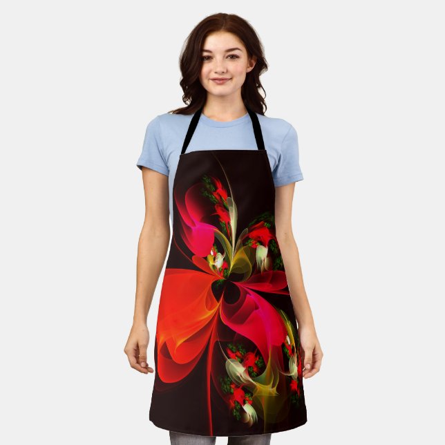 Red Green Floral Modern Abstract Art Pattern #02 Apron (Worn)