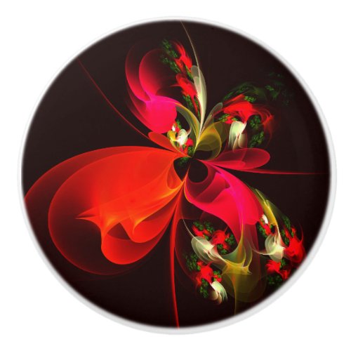 Red Green Floral Modern Abstract Art Pattern 02 Ceramic Knob