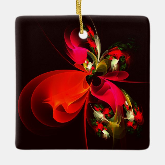 Red Green Floral Modern Abstract Art Pattern #02 Ceramic Ornament (Front)