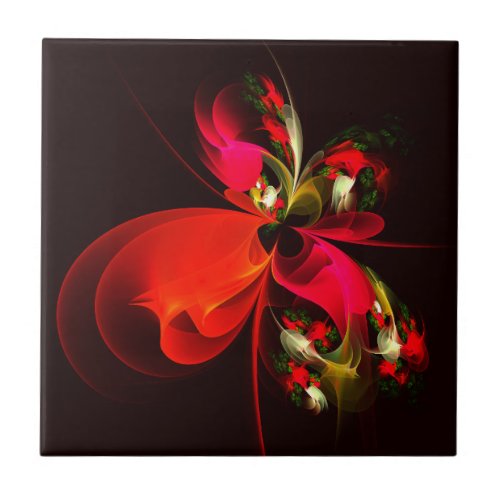 Red Green Floral Modern Abstract Art Pattern 02 Ceramic Tile