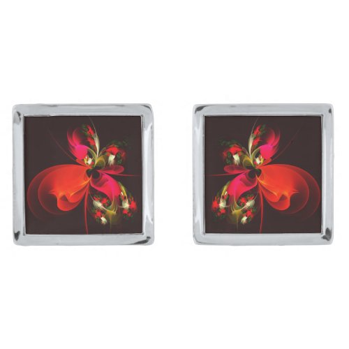 Red Green Floral Modern Abstract Art Pattern 02 Cufflinks