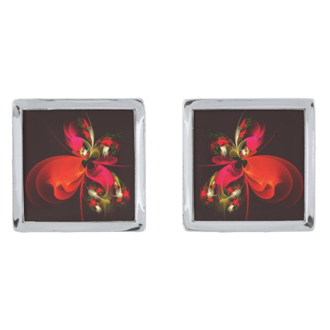 Red Green Floral Modern Abstract Art Pattern #02 Cufflinks (Front)